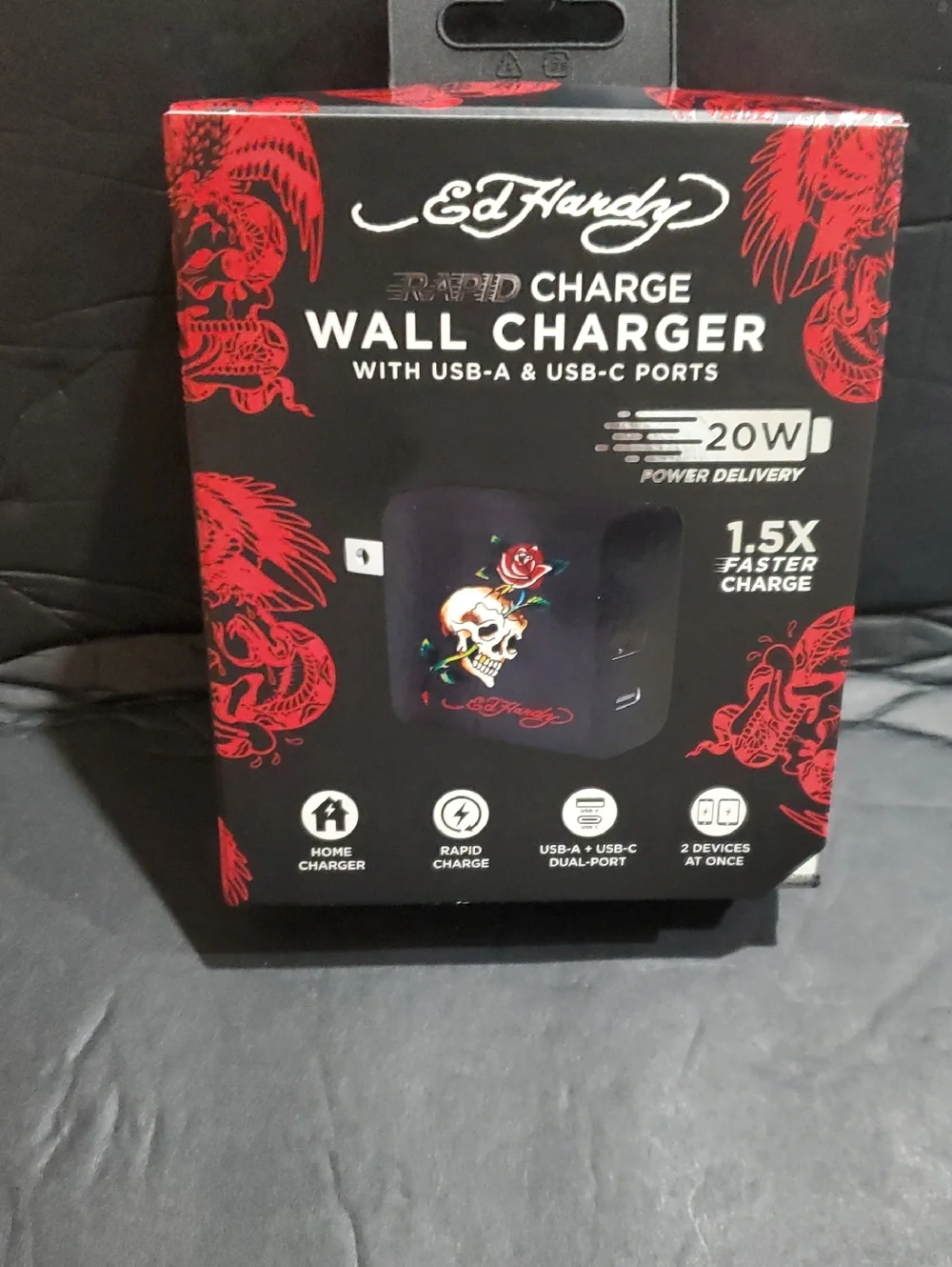 Ed Hardy black iconic ed hardy skull red roses floral print rapid charge charger